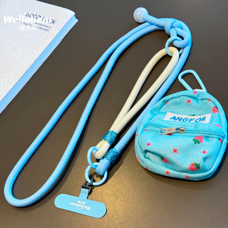 Collier Téléphone Cordon Long Tressé Bicolore Bleu Ciel/Beige avec Mini Pochette et Perle - 115cm — ECO · Smarty Paris 18e